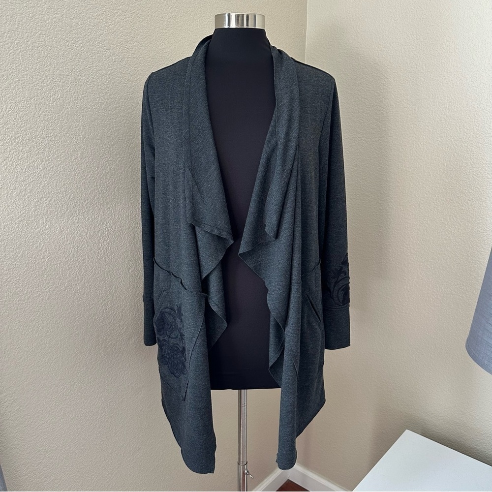 Soft Surroundings Embroidered Open Front Gray Cardigan Size M/P